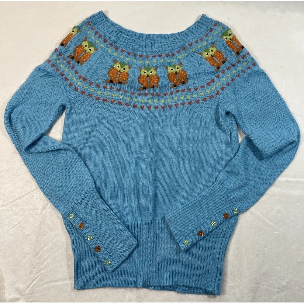 Lux Owl Sweater Women's Medium Blue Knit Novelty Fair Isle Style